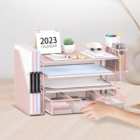 منظم مكتب شبكي من SUPEASY، منظم ورق بدرج رسائل مكون من 4 صواني مع حامل ملفات، منظم ملفات مكتب مع درج إضافي وحاملي أقلام، فارز ورق بمقبض للمكتب، أسود in Kuwait