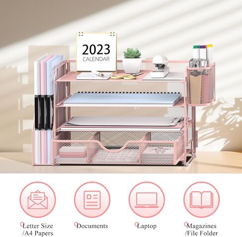 منظم مكتب شبكي من SUPEASY، منظم ورق بدرج رسائل مكون من 4 صواني مع حامل ملفات، منظم ملفات مكتب مع درج إضافي وحاملي أقلام، فارز ورق بمقبض للمكتب، أسود in Kuwait