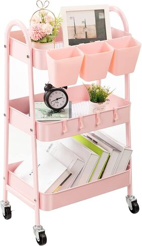 danpinera 3-Tier Rolling Cart, Metal Rolling Storage Cart with Lockable Wheels & Hanging Cups & Hooks, Mobile Trolley Cart for Kitchen, Bathroom, Office, Workshop, Green in Kuwait