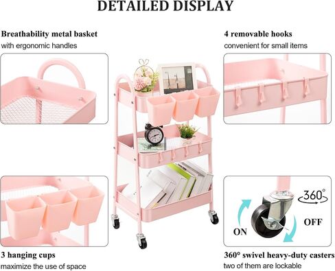 danpinera 3-Tier Rolling Cart, Metal Rolling Storage Cart with Lockable Wheels & Hanging Cups & Hooks, Mobile Trolley Cart for Kitchen, Bathroom, Office, Workshop, Green in Kuwait