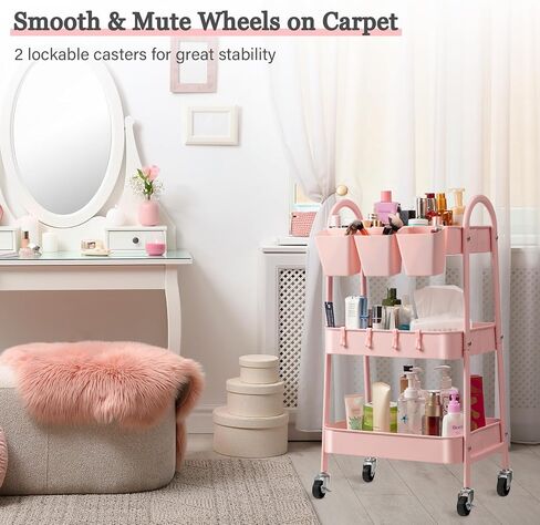 danpinera 3-Tier Rolling Cart, Metal Rolling Storage Cart with Lockable Wheels & Hanging Cups & Hooks, Mobile Trolley Cart for Kitchen, Bathroom, Office, Workshop, Green in Kuwait