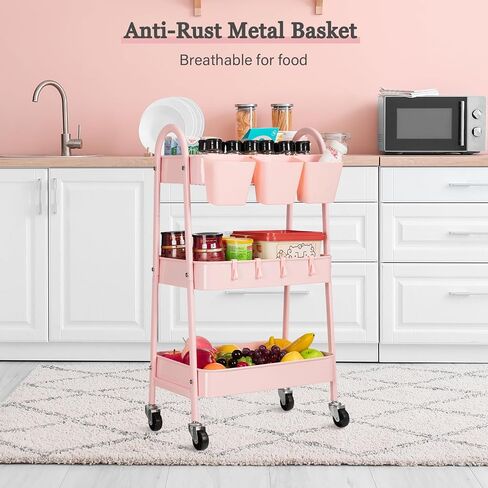 danpinera 3-Tier Rolling Cart, Metal Rolling Storage Cart with Lockable Wheels & Hanging Cups & Hooks, Mobile Trolley Cart for Kitchen, Bathroom, Office, Workshop, Green in Kuwait