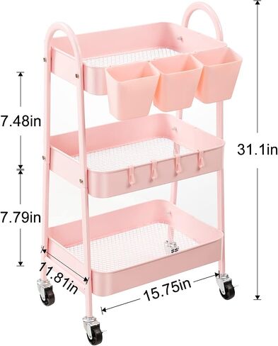 danpinera 3-Tier Rolling Cart, Metal Rolling Storage Cart with Lockable Wheels & Hanging Cups & Hooks, Mobile Trolley Cart for Kitchen, Bathroom, Office, Workshop, Green in Kuwait