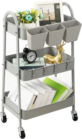 danpinera 3-Tier Rolling Cart, Metal Rolling Storage Cart with Lockable Wheels & Hanging Cups & Hooks, Mobile Trolley Cart for Kitchen, Bathroom, Office, Workshop, Green in Kuwait