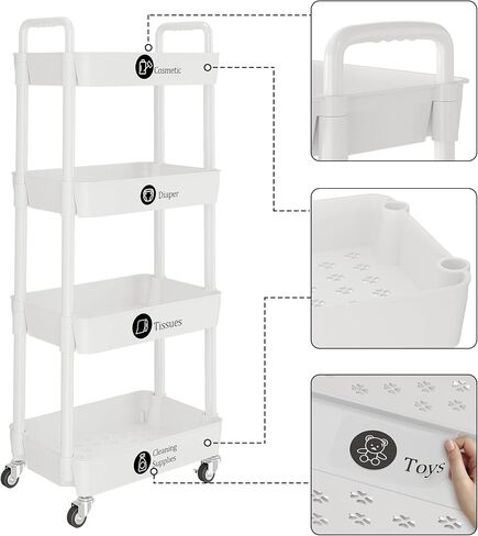 UDEAR 3-Tier Rolling Utility Cart with 12 Category Labels,Multifunctional Comagtable Rolling Shelving with Handle and Lockable Wheels for Room,Office,Kitchen,Bathroom,Black in Kuwait