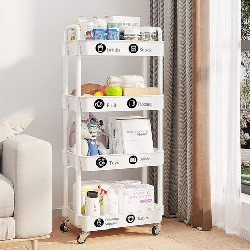 UDEAR 3-Tier Rolling Utility Cart with 12 Category Labels,Multifunctional Comagtable Rolling Shelving with Handle and Lockable Wheels for Room,Office,Kitchen,Bathroom,Black in Kuwait