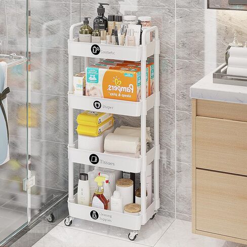 UDEAR 3-Tier Rolling Utility Cart with 12 Category Labels,Multifunctional Comagtable Rolling Shelving with Handle and Lockable Wheels for Room,Office,Kitchen,Bathroom,Black in Kuwait
