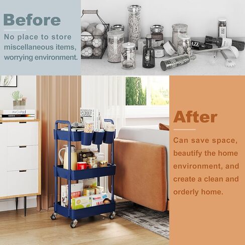 عربة أدوات دوارة من UDEAR ذات 4 طبقات مع 12 ملصق فئة، أرفف تخزين متعددة الوظائف مع مقبض وعجلات قابلة للقفل للغرفة والمكتب والمطبخ والحمام، باللون الأبيض in Kuwait