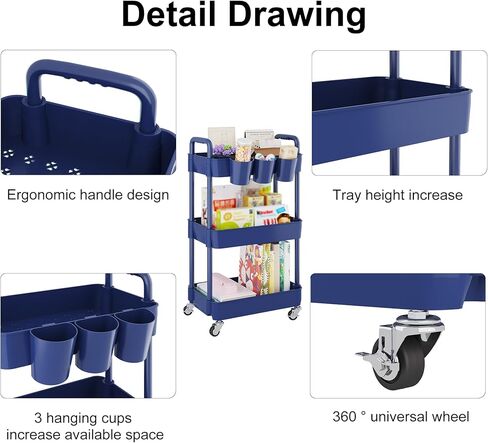 عربة أدوات دوارة من UDEAR ذات 4 طبقات مع 12 ملصق فئة، أرفف تخزين متعددة الوظائف مع مقبض وعجلات قابلة للقفل للغرفة والمكتب والمطبخ والحمام، باللون الأبيض in Kuwait