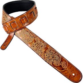 Walker And Williams GB-31 Handmade Latigo Tan Padded Guitar Strap with Vintage Paisley Pattern For Acoustic, Electric, And Bass Guitars