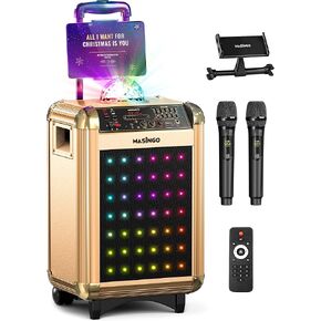 MASINGO Karaoke Machine for Adults and Kids with 2 Bluetooth Wireless Microphones. Portable Singing PA Speaker System with Disco Ball Lights, Lyrics Display Tablet Holder & TV Cable. Soprano X1 2.0