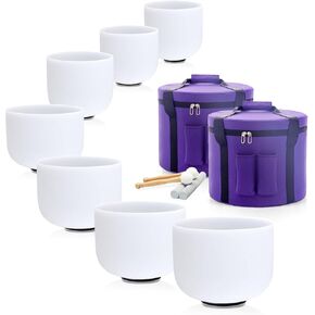 432hz Crystal Singing Bowls Set,6-12 Inch Quartz Frosted Sound Bowls Set of 7 Pcs Chakra for Yoga Meditation with Heavy Duty Carrying Case