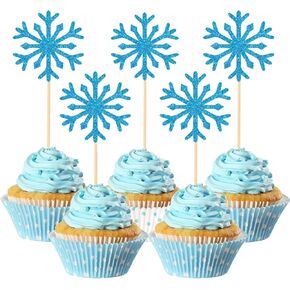 50Pcs Snowflake Cupcake Toppers Glitter Winter Frozen Themed Snowflake Cupcake Picks Decoration for Winter Wonderland New Year Baby Shower Kids Birthday Party Decors Supplies Silver Pink Blue