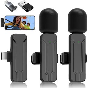 2 Pack 3 in1 Wireless Lavalier Microphones,Plug-Play Professional Noise Reduction Recording Clip Mic for Creator Interview YouTube TikTok Vlog, Mini Microphone for iPhone USB C Equipment