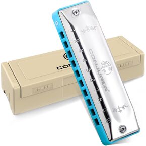 CONJURER Blues Harmonica for Beginners Kids Adult 10 Hole Diatonic Harmonica in C Key Special Brass Reeds Mouth Organ Blues Harp with Case, Key of C Sliver Blue