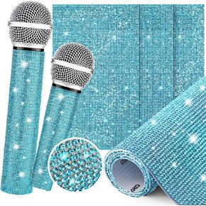 Facmogu 3PCS Sparkly Glitter Bedazzled Mic Stickers, Microphone Handle Cover Stickers for Mic DIY, Bling Rhinestone Sheets Self Adhesive Glitter Rhinestone Stickers Crystal for Mic Decor - Lake Blue