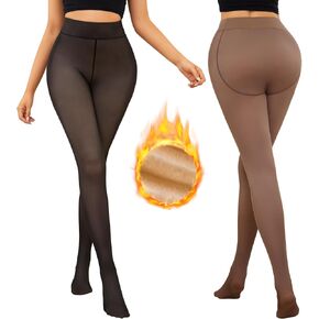 Justay 2 Pairs Fleece Lined Tights Winter Thermal Fake Translucent Fleece Sheer Leggings Black Warm Thick Tights for Women