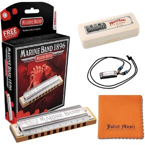 Hohner Harmonica Marine Band Key D 1896BXD 10 Holes, Bundle with Hard Case, Mini Harmonica Necklace Juliet Music Polishing Cloth