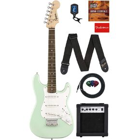 Fender Squier 3/4-Size Kids Mini Strat Electric Guitar - Surf Green Bundle with Amplifier, Cable, Tuner, Strap, Picks, Online Lessons, and Austin Bazaar Instructional DVD