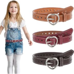 3 PCS Girls Belt PU Leather Belts with Cute Hollow Heart Shape,Silver Metal Buckle Adjustable Waist Belt for Kids Dress Pants Jeans(Pink, White, Black)