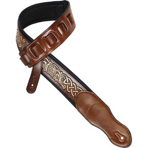 Walker & Williams KB-05-TAN Soft Brown Tan Full Grain Center Block Carving Leather Padded Guitar Strap With Aged White Celtic Chain For Acoustic, Electric, And Bass Guitars