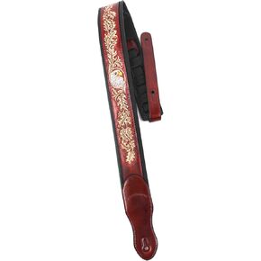 Walker & Williams KB-03-RB Mahogany Brown Full Grain Center Block Carved Leather Padded Guitar Strap With American Eagle & Oak Leaves For Acoustic, Electric, And Bass Guitars