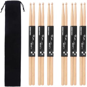 12 Pair 7A Maple Wood Drumsticks with Drumstick Bag, Premium Drum Sticks for Musical Instruments, Percussion Accessories, Rock Band Instruments, and Snare Drums for Beginners, Drummer