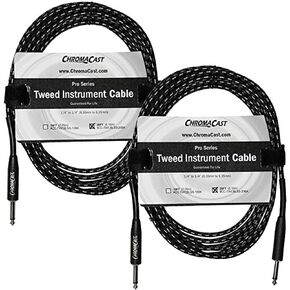 ChromaCast 2 Pack 1/4 Inch Tweed Cloth Jacket Straight/Straight Instrument Cable for Electric Guitar, 20 Foot, Black & White
