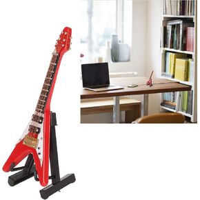 Topyond Vivid Miniature Electric Guitar V Shape Wooden Mini Guitar Model with Stand and Storage Case Red Mini Electric Guitar Replica for Living Room and Home Decor