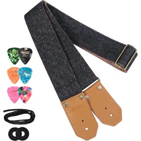 LEKATO Guitar Strap with Cowhide Leather Ends Western Denim Straps for Acoustic Electric Bass Guitar Includes 6 Picks & Strap Locks & Headstock Tie Best Gift for Men Women Guitarists And Musicians