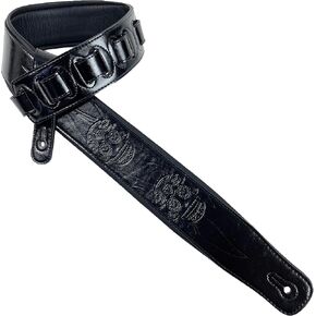 Walker & Williams GM-1176 Black On Black 2.5" Padded Guitar Strap with Embossed Fire Skulls For Acoustic, Electric, And Bass Guitars