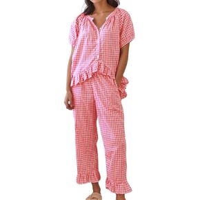Womens Gingham Pajama Set 2 Piece Short Sleeve Babydoll Shirt and Pants Lounge Set Cute Sleepwear