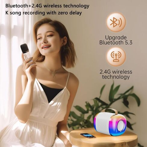 Mini Karaoke Machine for Kids Adults, Portable Bluetooth Speaker with 2 Wireless Microphones & RGB LED Light,for Boys and Girls Toys Birthday Home Party(Y5-White) in Saudi Arabia