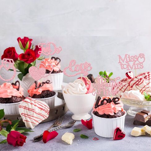 24 قطعة من Gyufise Bride to Be Cupcake Toppers باللون الذهبي الوردي اللامع I Do Love Heart Ring Miss to Mrs Cupcake Picks لتزيين كعكة الزفاف لحفلات الزفاف والخطوبة العازبة in Kuwait