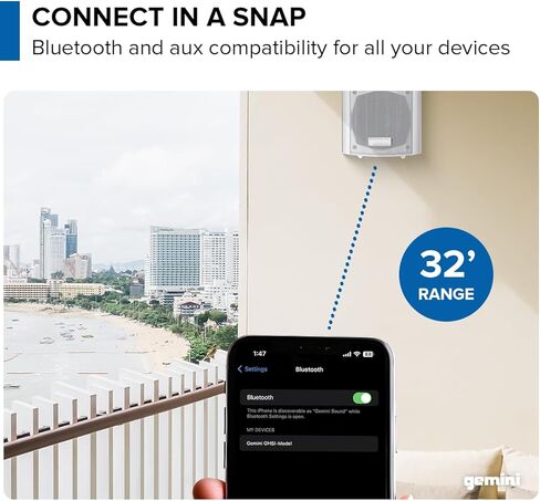 Gemini Sound GHSI-W650BT-PR-WHT 6.5" Inch Powerfull Bass Woofer 300 Watt Peak Power Waterproof Bluetooth Wall & Ceiling Mount Wired Speakers Pair Easy Daisy Chain for Home Outdoor Pool & Patio, White in Kuwait