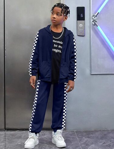 Unisex Boys Girls Clothes Plaid 2 Piece Outfits Athletic Tracksuit Hooded Sweatshirt and Sweatpants Kids Sweatsuits in Kuwait