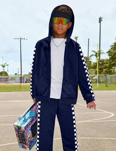 Unisex Boys Girls Clothes Plaid 2 Piece Outfits Athletic Tracksuit Hooded Sweatshirt and Sweatpants Kids Sweatsuits in Kuwait