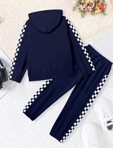 Unisex Boys Girls Clothes Plaid 2 Piece Outfits Athletic Tracksuit Hooded Sweatshirt and Sweatpants Kids Sweatsuits in Kuwait