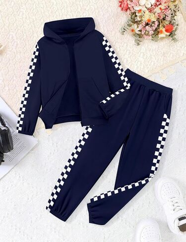Unisex Boys Girls Clothes Plaid 2 Piece Outfits Athletic Tracksuit Hooded Sweatshirt and Sweatpants Kids Sweatsuits in Kuwait