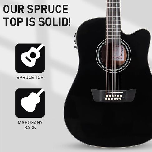 12 String Acoustic Electric Cutaway Guitar with EQ & Build-In Tuner, Solid Spruce Top for Rich Resonance, Premium Handcrafted, Bone Nut for Vibration Enhancement, Glossy Black. in Saudi Arabia