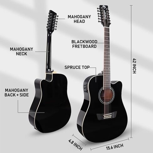 12 String Acoustic Electric Cutaway Guitar with EQ & Build-In Tuner, Solid Spruce Top for Rich Resonance, Premium Handcrafted, Bone Nut for Vibration Enhancement, Glossy Black. in Saudi Arabia