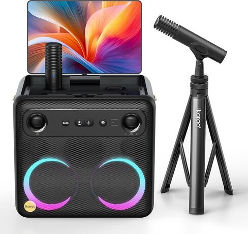 Karaoke Machine with Microphone Stand, Portable Bluetooth Speaker for Party, Backyard, Karaoke System with 2 Wireless Microphone for Adults Kids, for Women, Men, Singing Lovers in Kuwait