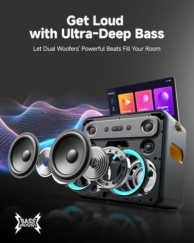 Karaoke Machine with Microphone Stand, Portable Bluetooth Speaker for Party, Backyard, Karaoke System with 2 Wireless Microphone for Adults Kids, for Women, Men, Singing Lovers in Kuwait