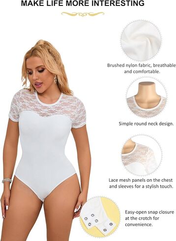 Lace Bodysuit Short Sleeve Leotards for Women Sexy Body Suit Tops Openable Crotch Plus Size S-2XL in Kuwait