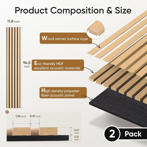 2 Pack Wood Slat Acoustic Panels for Wall and Ceiling, 94.49"×12.80" Soundpoof Wooden Wall Panels for Interior Wall Decor, 3D Fluted Sound Absorbing Panel - Light Walnut in Saudi Arabia