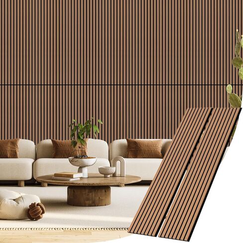 2 Pack Wood Slat Acoustic Panels for Wall and Ceiling, 94.49"×12.80" Soundpoof Wooden Wall Panels for Interior Wall Decor, 3D Fluted Sound Absorbing Panel - Light Walnut in Saudi Arabia