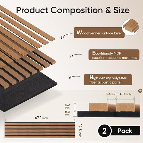 2 Pack Wood Slat Acoustic Panels for Wall and Ceiling, 94.49"×12.80" Soundpoof Wooden Wall Panels for Interior Wall Decor, 3D Fluted Sound Absorbing Panel - Light Walnut in Saudi Arabia
