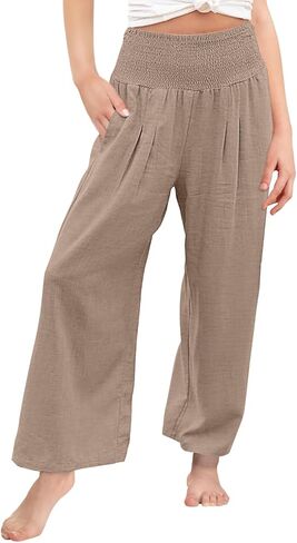 سروال بناتي من Yoklass سروال كاجوال Smocked عالي الخصر فضفاض واسع الساق طويل بنطلون 4-14 سنة in Kuwait