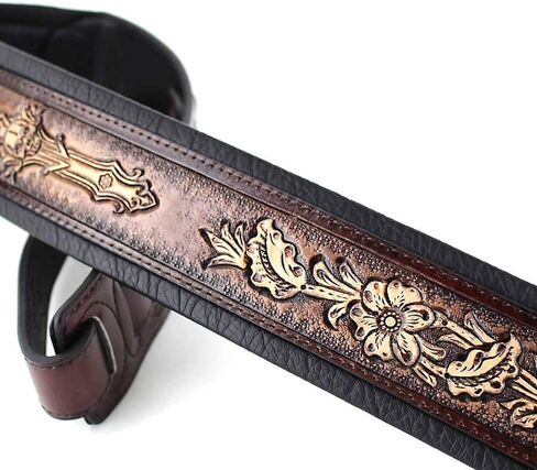 Walker & Williams KB-02-BRN حزام جيتار مبطن بالجلد البني الريفي مع جمجمة زهرية وصليب مسيحي لجميع القيثارات الصوتية والكهربائية والباس in Kuwait