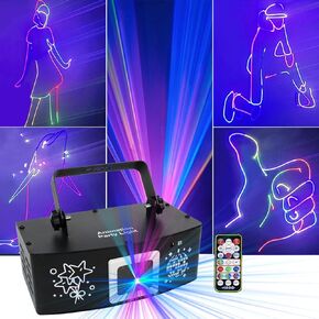 DJ Laser Party Light Professional 3D Animation RGB Laser Show Projector, DMX512 Music Sound Activated Stage Light with Remote Control for Indoor Club Disco Home Birthday Events